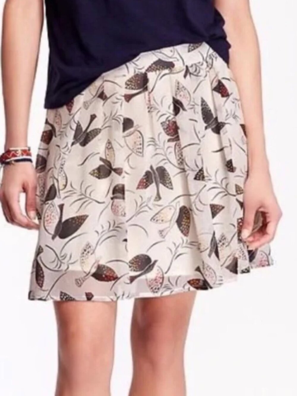 OLD NAVY Pleated Chiffon Mini Skirt Cream Beige Birds Bird Pull On Twee A-Line S